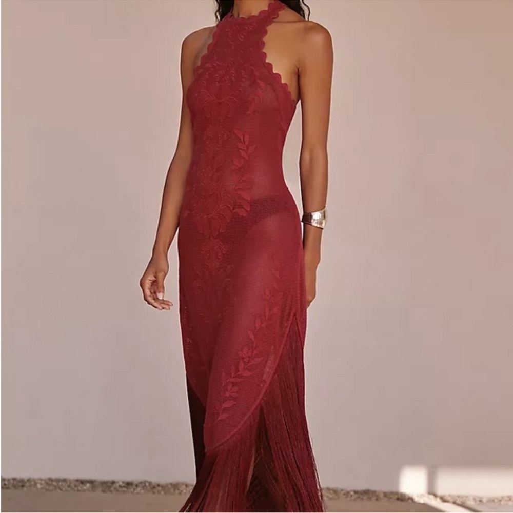 Anthropologie Burgandy Fringe Knit Dress